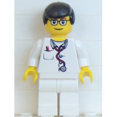 doc024 Doctor - Lab Coat Stethoscope and Thermometer, White Legs, Black Male Hair, Glasses
